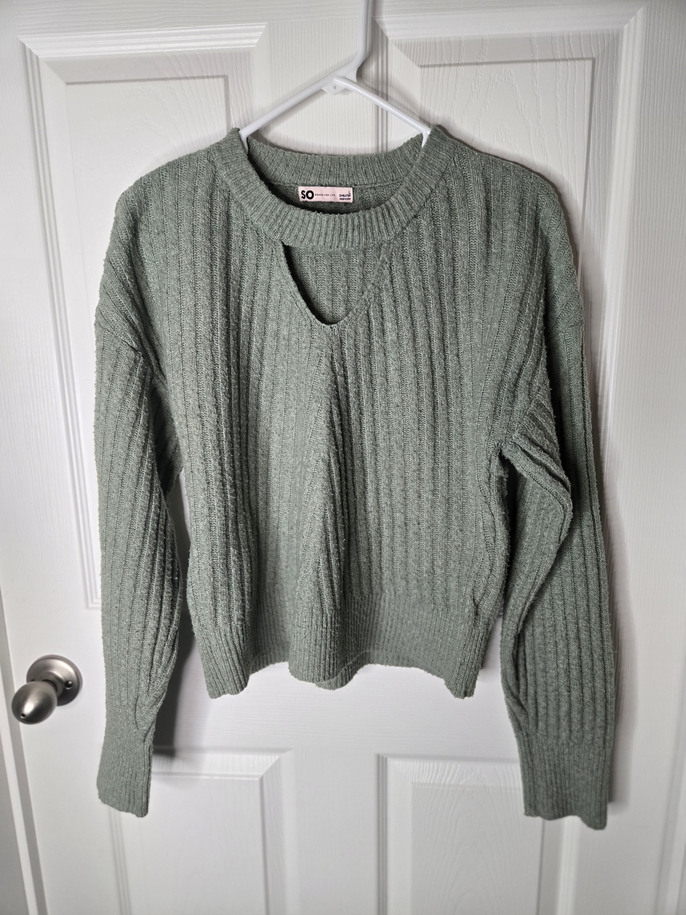 SO Sage Green Ribbed Knit Sweater with Keyhole Neck